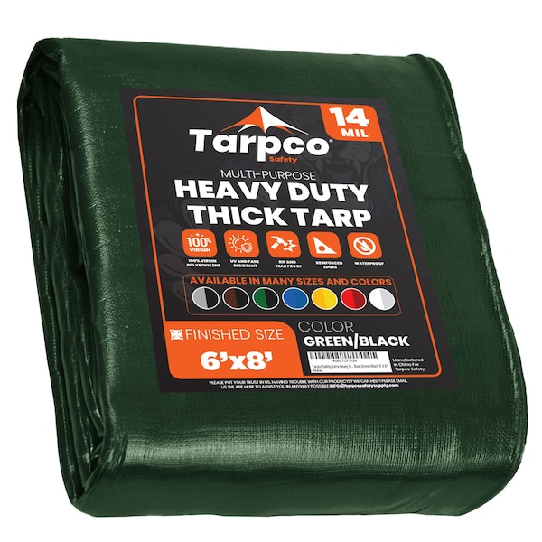 Tarpco Safety Heavy Duty Tarp, 8 ft L x 0.5 mm H x 6 ft W, 14 Mil, Green/Black, Polyethylene TS-103-6X8 - main